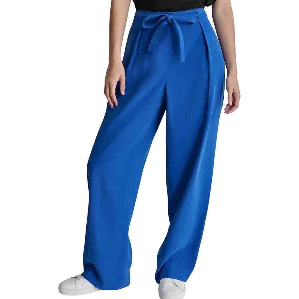 DKNY Twill Tie-Front Pleated Wide-Leg Pants Size US 6 Lapis Blue